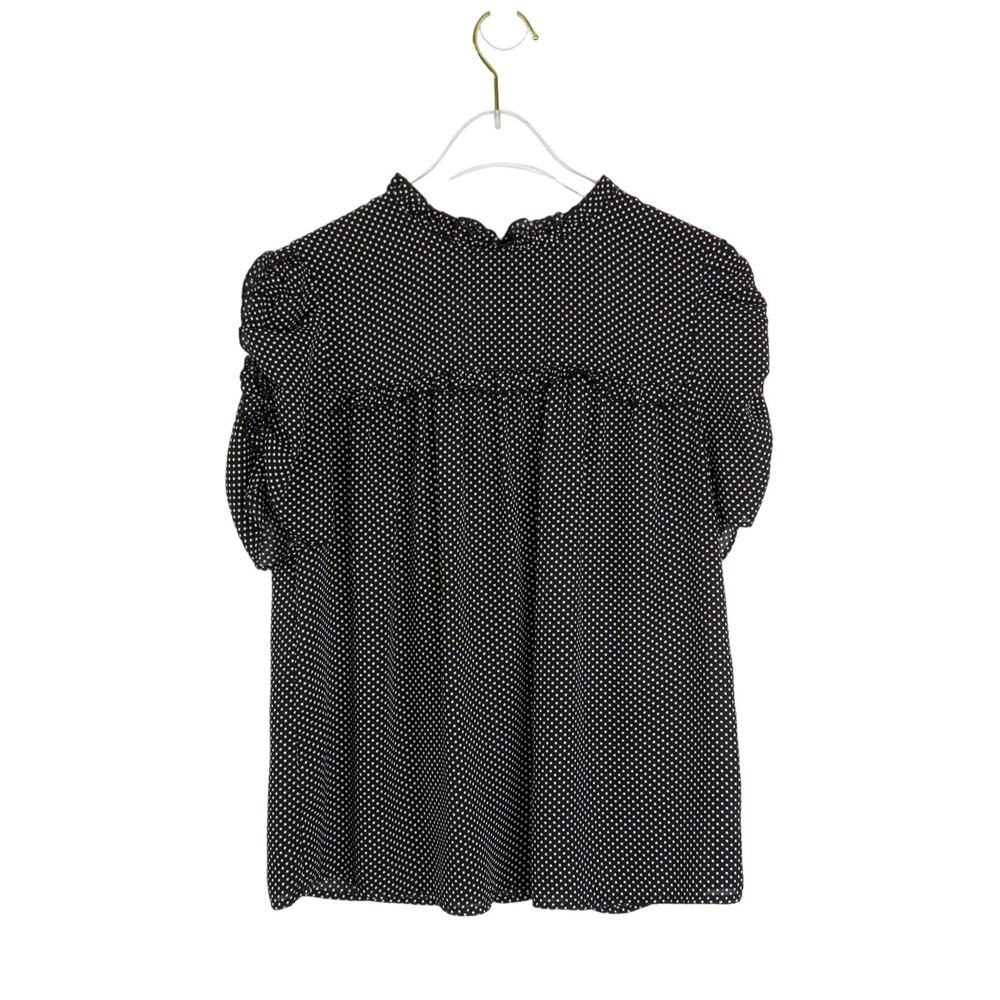 Who What Wear Black and White Polka Dot Short Sleeve Ruffle Sleeve Blouse Small